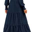 KIRUNDO Spring Dresses for Women 2026 Wedding Guest Maxi Long Sleeve Summer Smocked High Waist Flowy Party Cocktail Dress (Small, Navy)