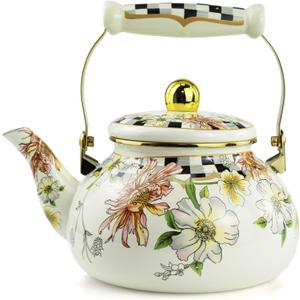 Enamel Tea Kettle, Bohemia 2.5L Vintage Floral Enamel Steel Teapot for Stovetop - No Whistling, Lead-Free, Retro Decor & Hot Water/Coffee Tea Pot, Ideal Housewarming/Wedding Gift