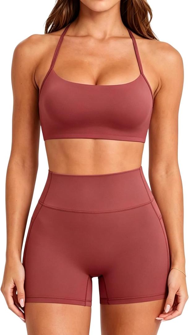 SUUKSESS Women 2 Piece Workout Sets Padded Halter Sports Bras High Waisted Biker Shorts with Pockets (X-Small, Maroon)