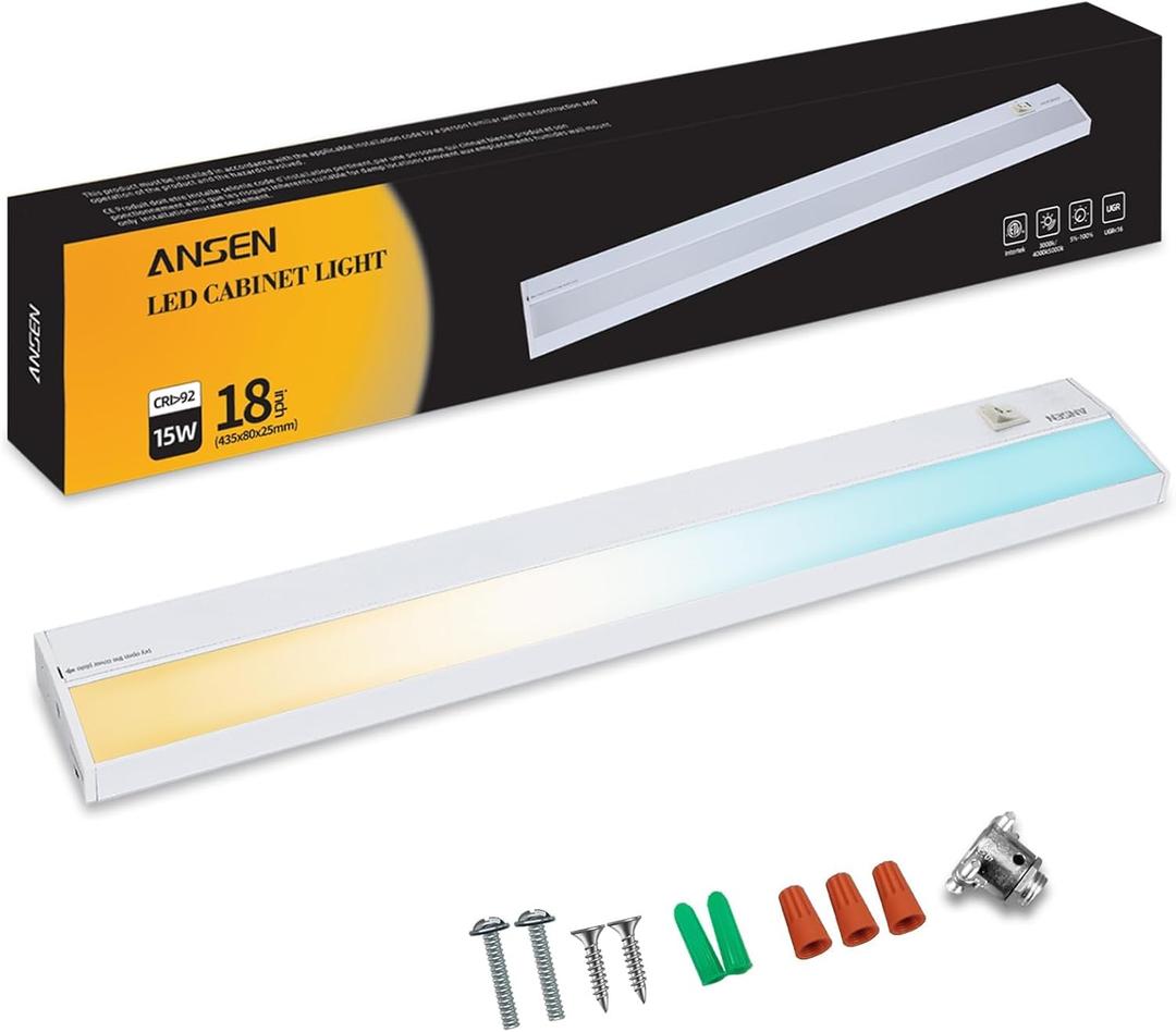 Ansen Hardwired Under Cabinet Lighting, 18inch 15W LED Light for Kitchen/Closet, 998.4lm, CRI>92, R9>90, Dimmable, 3 Color Temperature, 3000K/4000K/5000K(Warm White, Cool White, Daylight)