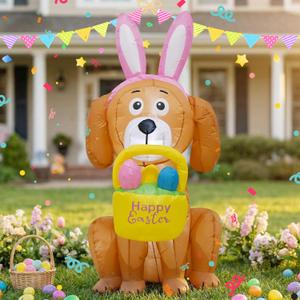 4 FT Easter Inflatables Dog Outdoor Decorations Build-in LED Lights,Cute Dog with Easter Egg Blow Up Indoor Outdoor Decor, Spring Summer Outdoor Decor,Holiday Addition for Party,Yard,Garden, Lawn