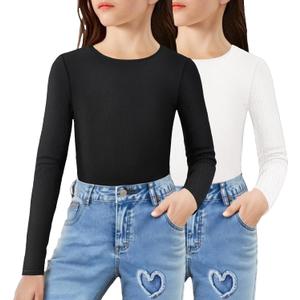Arshiner Girls Long Sleeve Ribbed Knit 2 Packs Black and White Tops for Kids Slim Fit Girls Base Layer Shirts Crewneck Casual Kids Undershirt Size 8 Years