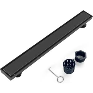 Offset Linear Shower Drain, Brushed 304 Stainless Steel Side Outlet Black Floor Drain with Hair Catcher and Adjustable Feet (48 inch)