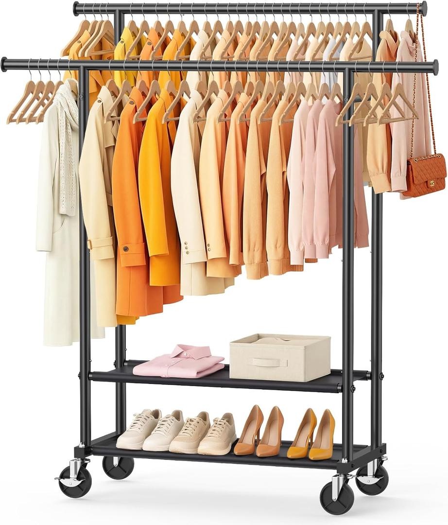Double Rods Clothes Rack, Rolling Clothing Rack for Hanging Clothes Closet Rack with Wheels, Metal Portable Garment Rack with Double Shelves for Bedroom Laundry Living Room, Matte Black