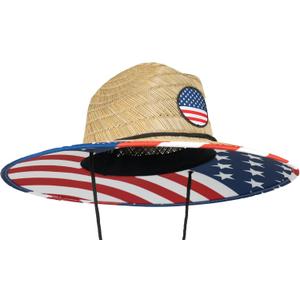 grinderPUNCH Lifeguard Hat Mens Straw Sun Hat for Outdoor, and Travel | UPF 50+ Sun Protection | Straw Beach Hat for Men (One Size, Usa Flag)