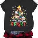 Christmas Shirts for Women Christmas Books Tree T-Shirt Santa Holiday Short Sleeve Tops Xmas Graphic Print T Shirt, Size S