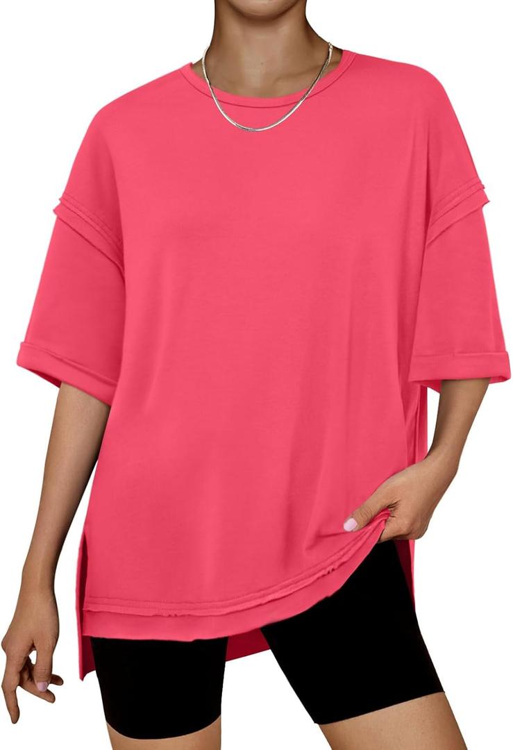RUBZOOF Women's Oversized T Shirts Short Sleeve Side Split Tops Casual Shirts Tunic Maternity Mama Clothes (Pink, M)
