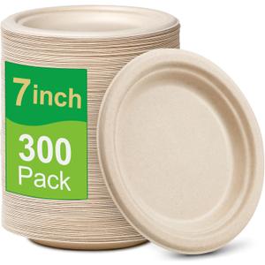 Small Paper Plates 7 inch, 300 Pack Disposable Paper Plates Bulk, 100% Compostable Dessert Plates, Biodegradable Recycled Paper Plates, Brown