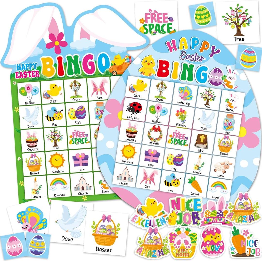 Lonfliness 39Pcs Easter Bingo Game for Adults Kids 24 Players Easter Bunny Egg Shape Bingo Game Cards with Reward Stickers for Family Friends Large Group Activities Happy Easter Spring Party Favors