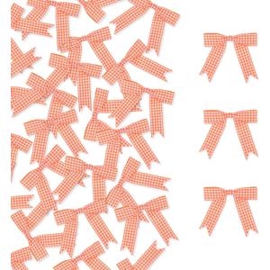50 Pcs Gingham Ribbon Bows 2.5 Inch Buffalo Plaid Premade Twist Tie Bows for Gift Wrapping, Wedding, Baby Shower, Birthday Party, Party Decorations, DIY Craft (Orange White)