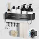 Onemake Suction Cup Shower Caddy, Suction Shower Shelf with Portable Hooks, Bath Organizer with Towel Bar for Bathroom Storage(Matte Black) (1-PACK)