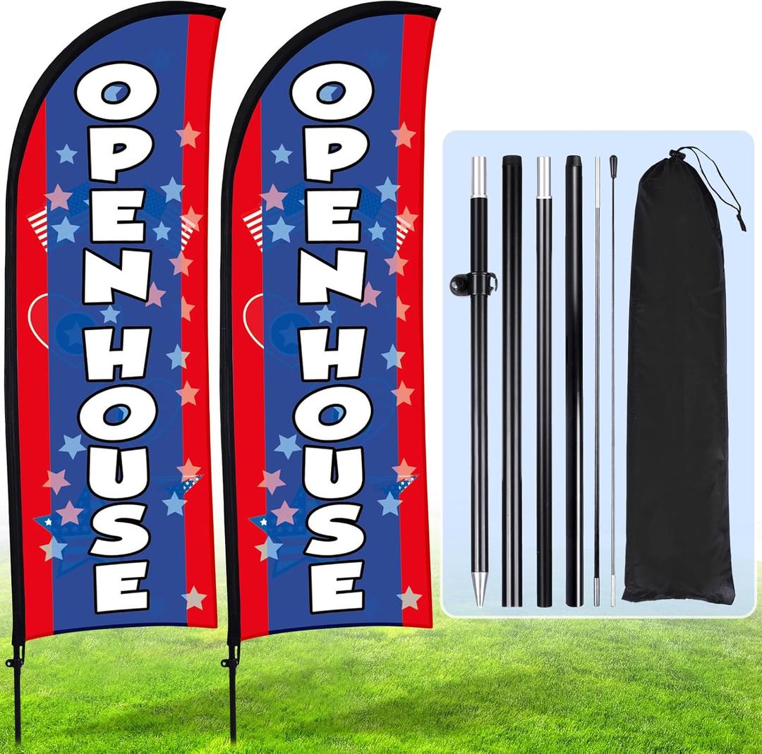 Buryeah 2 Pack Open House Flags Signs for Real Estate Agents Feather Flag Opening Signs Banner Set with Flagpole Ground Stake Portable Bag for Real Estate Business(Blue Red,7x5.4 ft)