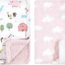 Hudson Baby Unisex Baby Plush Mink and Sherpa Blanket, Girl Farm Animals, One Size