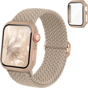 Braided Stretchy Band Compatible for Apple Watch Band and Case 40mm 41mm 42mm 44mm 45mm 46mm, Nylon Elastic Solo Loop and Protective Cover with Screen Protector for iWatch Series 11 10 9 8 7 SE 6 5 4 (Milk Tea)