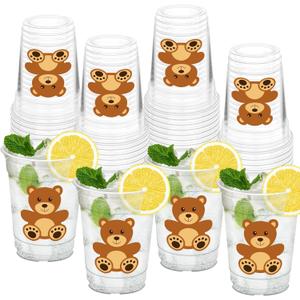 50 Pcs Bear Party Cups, 12oz Cute Brown Bear Clear Plastic Cups for Baby Shower Party Supplies Birthday Table Decorations Favors