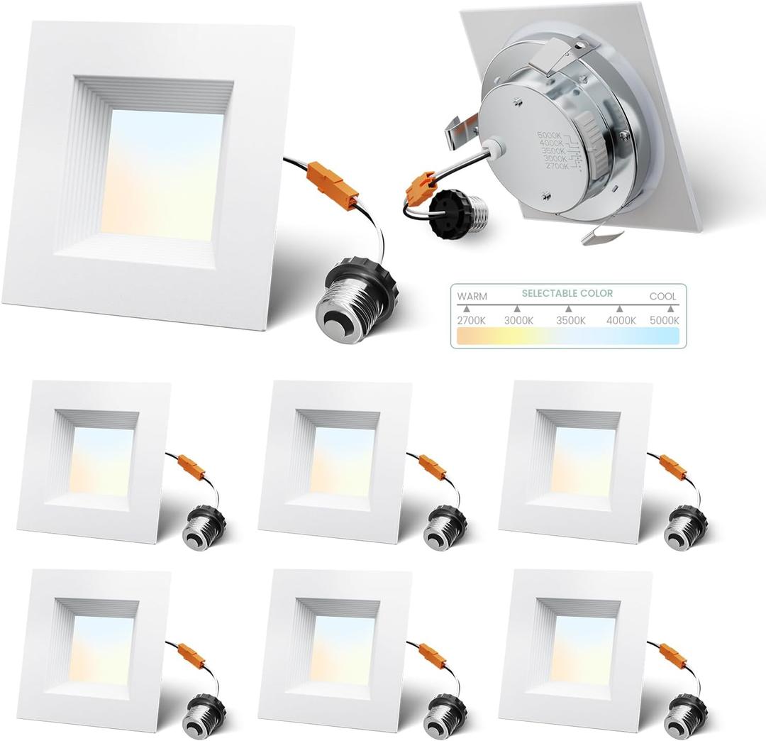4 Inch Led Recessed Lights Square,Led Downlight Square White,with Baffle Anti-Glare,5CCT 2700K-5000K Dimmable,9W 800LM,ETL & ES(6 Pack)