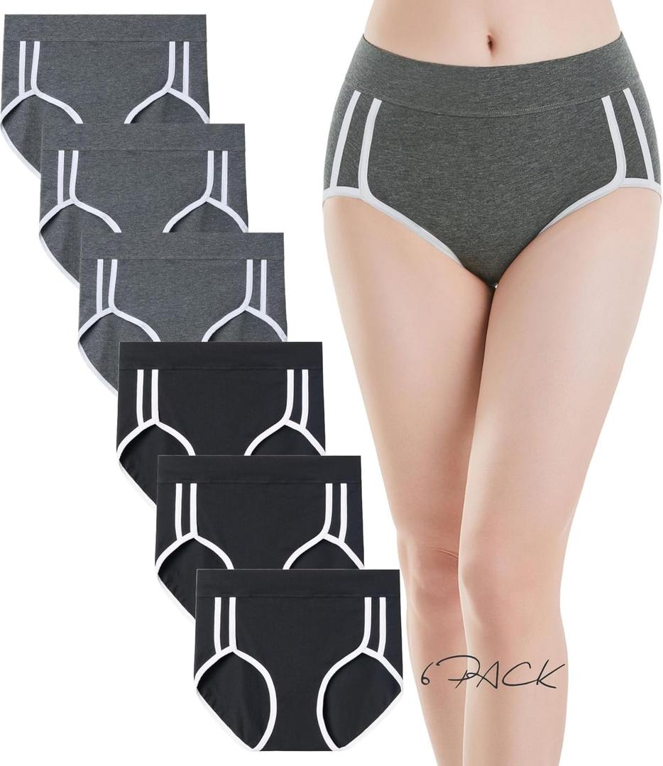Women Underwear Cotton Mid-High Waist Women's Briefs Panties 6 Pack (Large, Black*3+grey*3)