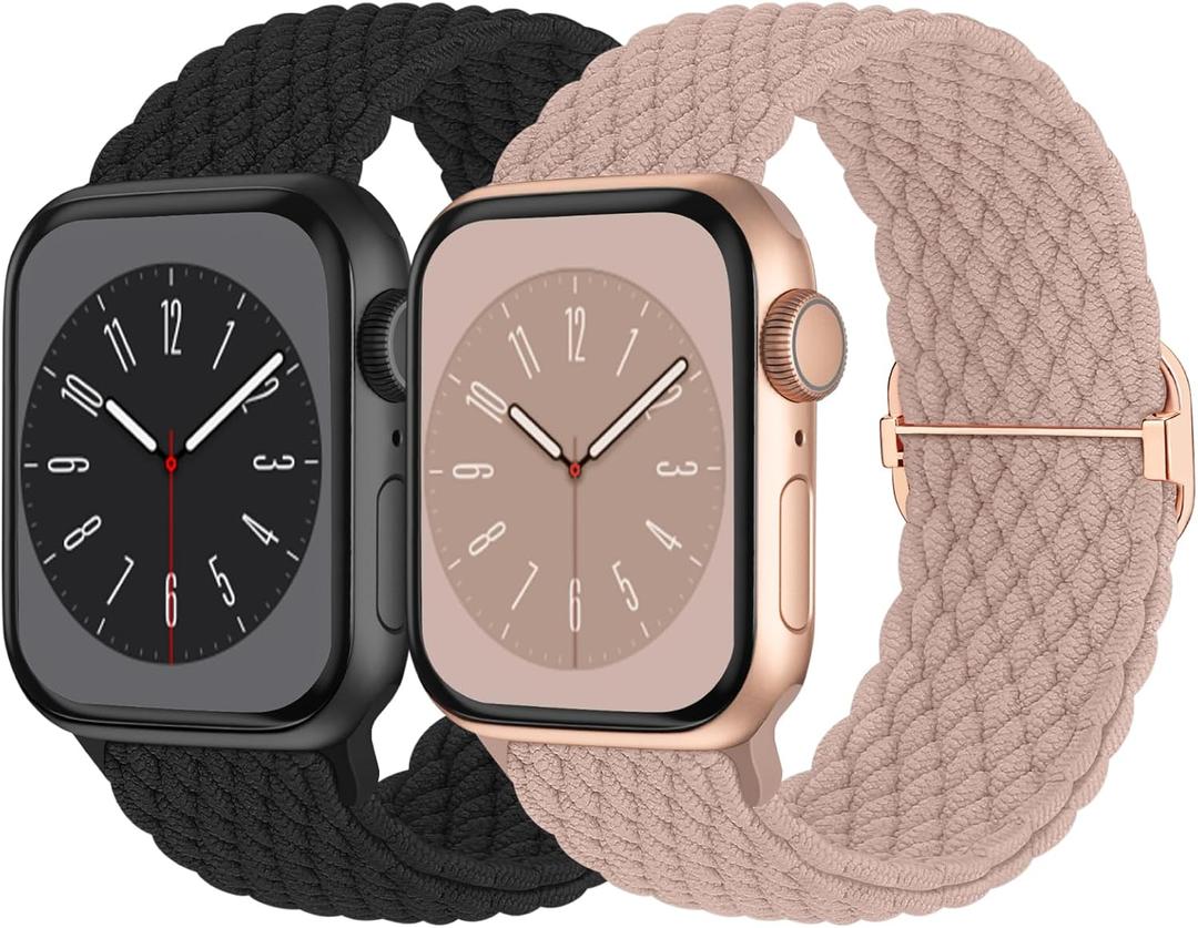 Braided Solo Loop Compatible with Apple Watch Band 38mm 40mm 41mm 42mm 44mm 45mm 46mm 49mm Women Men, Adjustable Stretchy Bands Elastic Sport Strap for iWatch Series 11 10 9 8 7 6 5 4 3 2 SE Ultra 3 2 (Black/Pink)