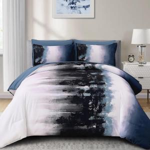 Dinjoy Ombre Blue Comforter Set Full Size Gradient Navy Blue Black Boho Bedding Set for Teen Men Women 7 Pieces Bed in A Bag Bohemian Bed Set with Comforter, Sheets, Pillowcases & Shams