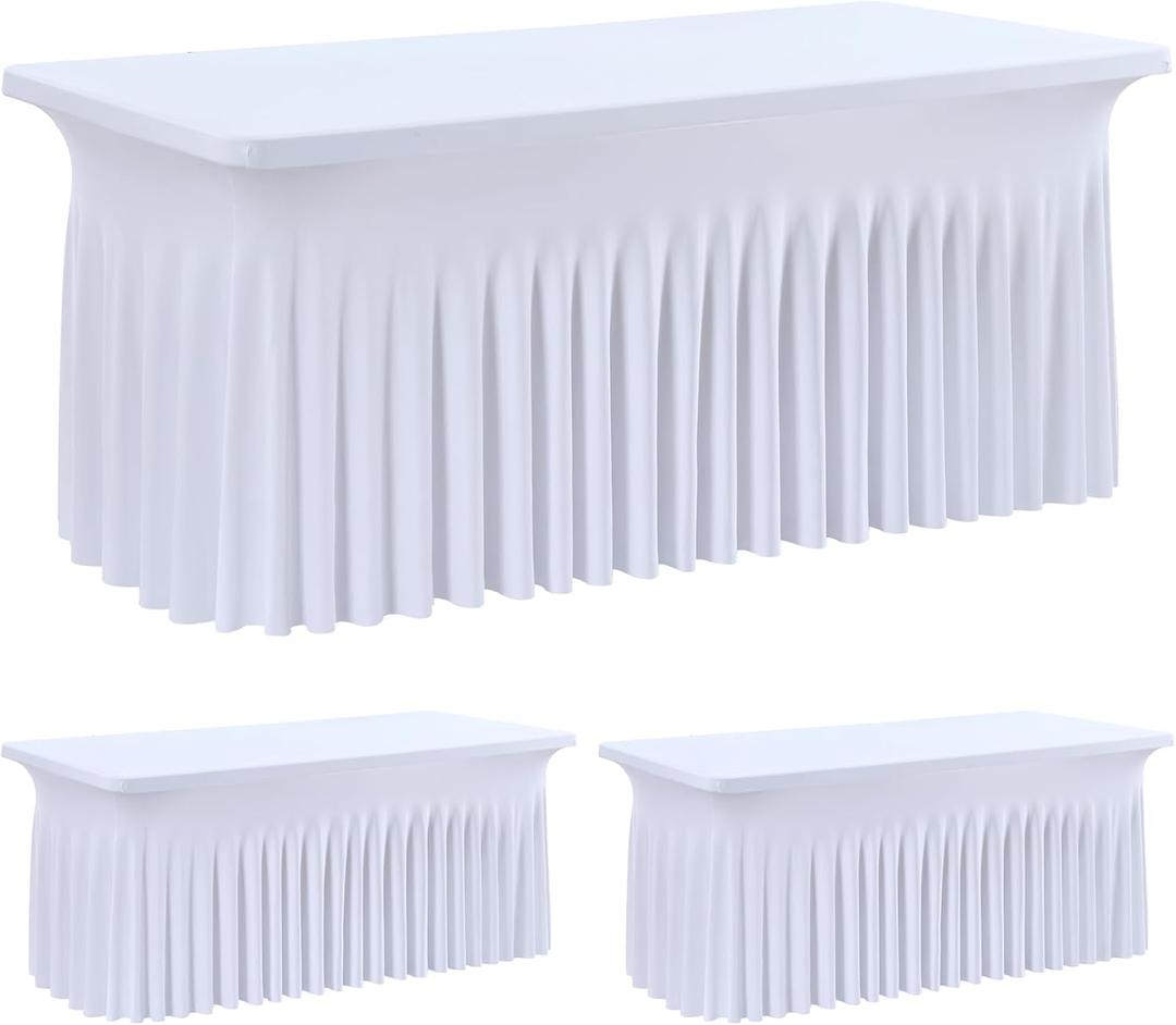 leegleri 2 Pack White Spandex Fitted Table Clothes for 6 Foot Rectangle Tables, Wrinkle Free 6ft Fitted Table Cover, Spandex Table Skirt for 6FT Rectangle Tables-for Banquet Weddings Parties