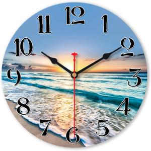 VIKMARI Beach Wall Clock Battery Operated 8 Inches Blue Ocean Coastal Home Decorative Beautiful Sea Kitchen Decor Small Silent Non-Ticking Quartz Wooden Analog Clock for Office,Bedroom,Living Room