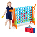HONEY JOY Jumbo 4-to-Score Giant Game Set, 3-in-1 Indoor Outdoor Family Yard Game Set w/Basketball Hoop & Ring Toss, 42 Jumbo Rings, Quick-Release Slider, Giant 4-in-A-Row for Kids & Adults