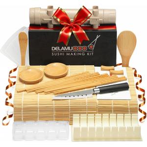 Delamu Sushi Making Kit, 20 in 1 Bazooka Roller Kit with Chefs Knife, Bamboo Mats, Rice Mold, Temaki Sushi Mats, Rice Paddle, Spreader, Chopsticks, Sauce Dishes, Guide Book