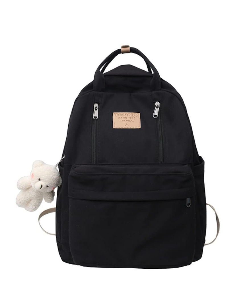 AONUOWE Preppy Backpack with Plushies Cute Backpack for Teen Girls Light Academia Bookbags Solid Aesthetic School Bag (Black)