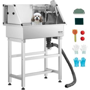 VEVOR Professional Dog Washing Station, 34 Inch Stainless Steel Pet Grooming Tub with Hot & Cold Faucet, Showerhead, Storage Rack, No-Bend All-in-One Bathtub, Home Wash Sink, Fits Small Cats and Dogs