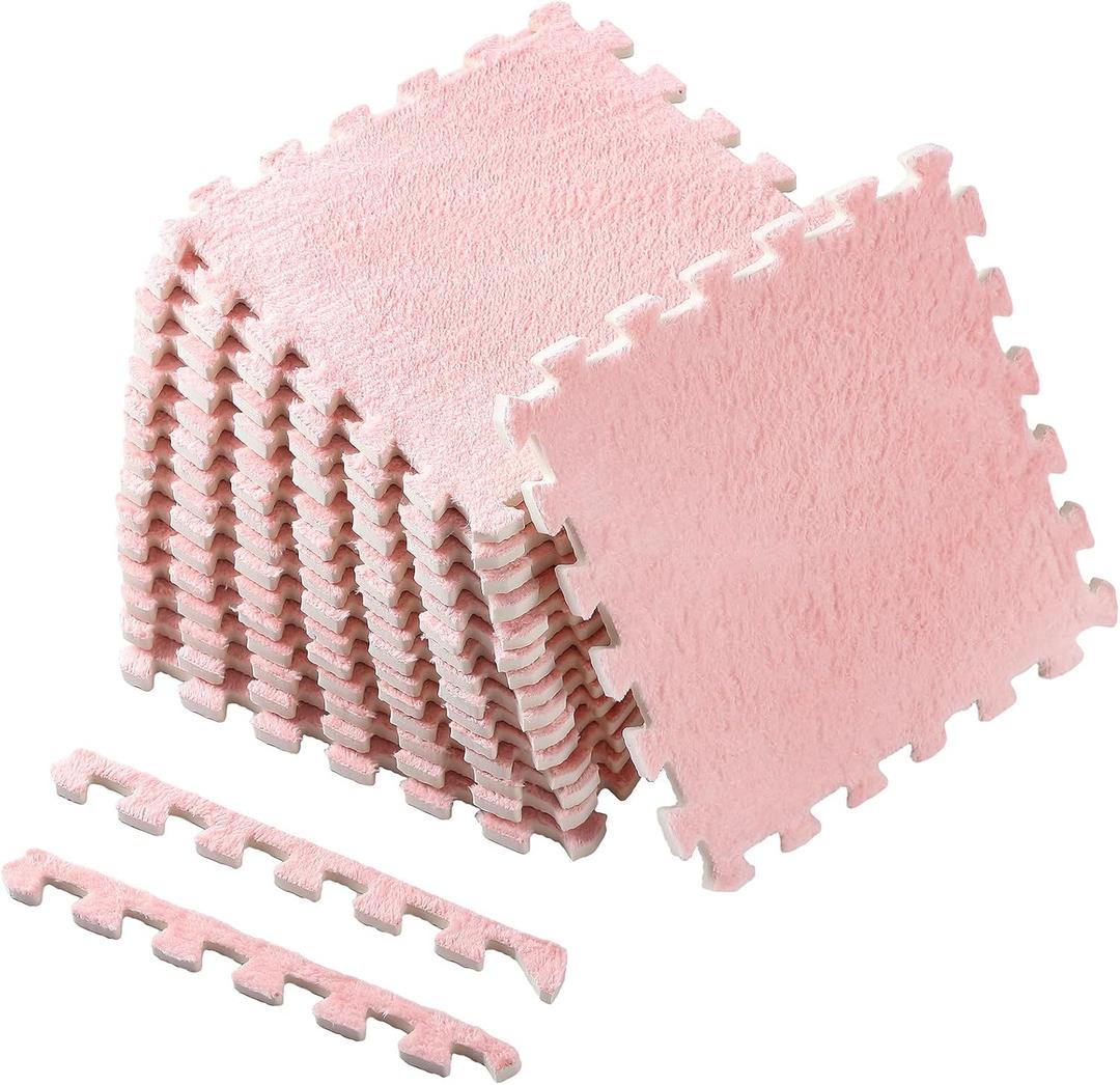 16 Pcs Square Plush Puzzle Foam Floor Mat Fluffy Plush Interlocking Foam Carpet Tiles with Edgings for Kids Baby Children Home Bedroom Playroom(Pink)