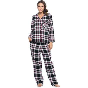 Women's Flannel Plaid Pajamas Long Sleeve Button Down Pj Set Small (Black Plaid)