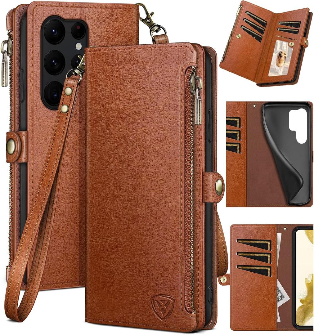 XcaseBar for Samsung Galaxy S22 Ultra Wallet case with Zipper Credit Card HolderRFID Blocking, Flip Folio Book PU Leather Phone case Shockproof Cover Women Men for Samsung S22Ultra case Light Brown