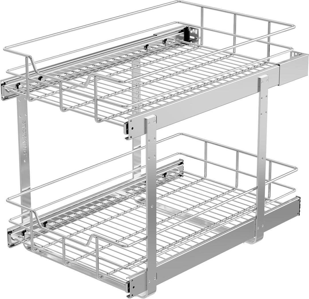 2 Tier Pull Out Cabinet Organizer 14" W X 22" D, Slide Out Drawers For Kitchen Cabinets, Pull Out Drawers For Cabinets Capacity Heavy Duty Caddy, Cabinet Pullout Shelves Chrome-Plated,Bathroom Pantry