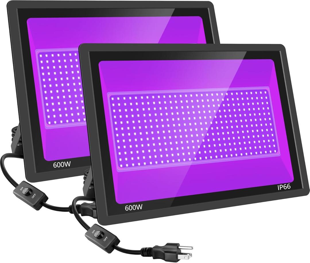 2 Pack 600W LED Black Lights, Blacklight Flood Light with Plug, IP66 Waterproof, for Dance Party, Glow in The Dark, Stage Lighting, Aquarium, Body Paint, Fluorescent Poster, Neon Glow