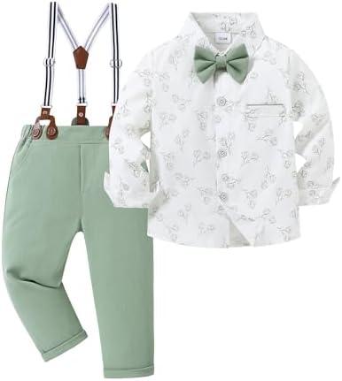 ZOEREA Toddler Baby Boy Suit Clothes Gentleman Wedding Outfits Long Sleeve Dress Shirt + Suspender Pants + Bowtie, Size 9-10T