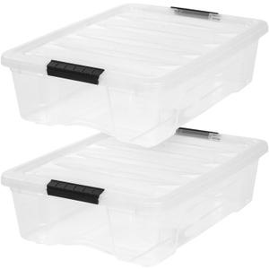 IRIS USA 27 Qt Stackable Plastic Storage Bins with Lids, 2 Pack - BPA-Free, Made in USA - Discreet Organizing Solution, Latches, Durable Nestable Containers, Secure Pull Handle - Clear