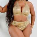 OYOANGLE Women's Plus Size Metallic Swimsuits Ring Linked High Waisted Bikini Set Halter Bathing Suits (Gold, XXL)