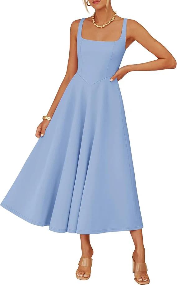 ZESICA Women's Spring Sleeveless Cocktail Dresses 2026 Summer Crewneck Flowy Wedding Guest Party A Line Midi Dress Blue Medium