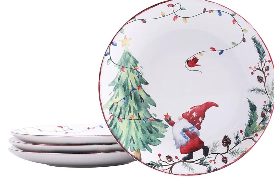 Bico Christmas Gnomes Salad Plates Set of 4, 8.75 Inch Ceramic Dessert Plates for Salad, Appetizer, Side Dishes, Microwave and Dishwasher Safe, Gift for Housewarming and Christmas