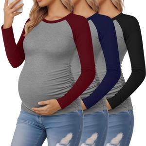 3 Pack Women's Maternity Shirts, Pregnancy Raglan Long Sleeve Tops Sides Ruched Crew Neck Color Block Mama Clothes (X-Large, Light Gray/Black, Light Gray/Navy, Light Gray/Wine Red)
