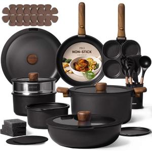 CAROTE 33pcs Pots and Pans Set Non Stick, Detachable Handle Cookware Set | Induction Compatible, Dishwasher & Oven Safe, Space Saving, for Camping/RV/Traveling, Kitchen Cooking Set, Black, 33 Piece