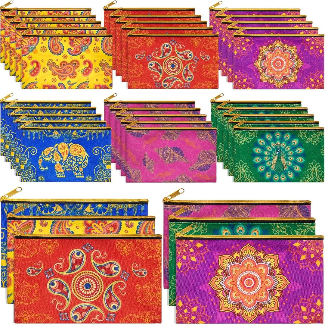 36 Pcs Diwali Gifts Bulk, Indian Return Gifts for Pooja, Multicolor Canvas Makeup Bags with Golden Zipper, Travel Cosmetic Pouches with Classic Indian Motifs, Wedding Gift for Women