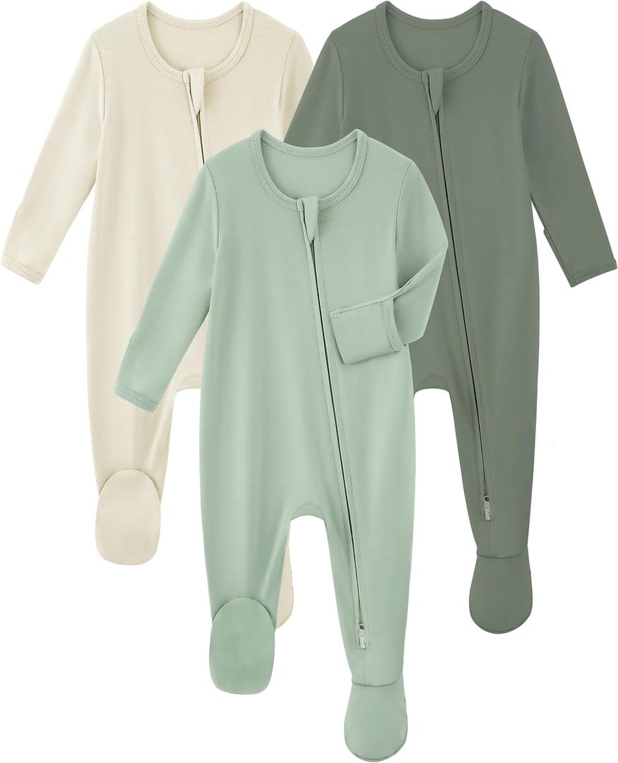 Yoofoss Rayon Made From Bamboo Baby Pajamas 3pcs Newborn Sleepers For Boy Girl Clothes, 0-3 Months Footed Pajamas Zipper Baby Pjs with Mitten, Sage&green&beige