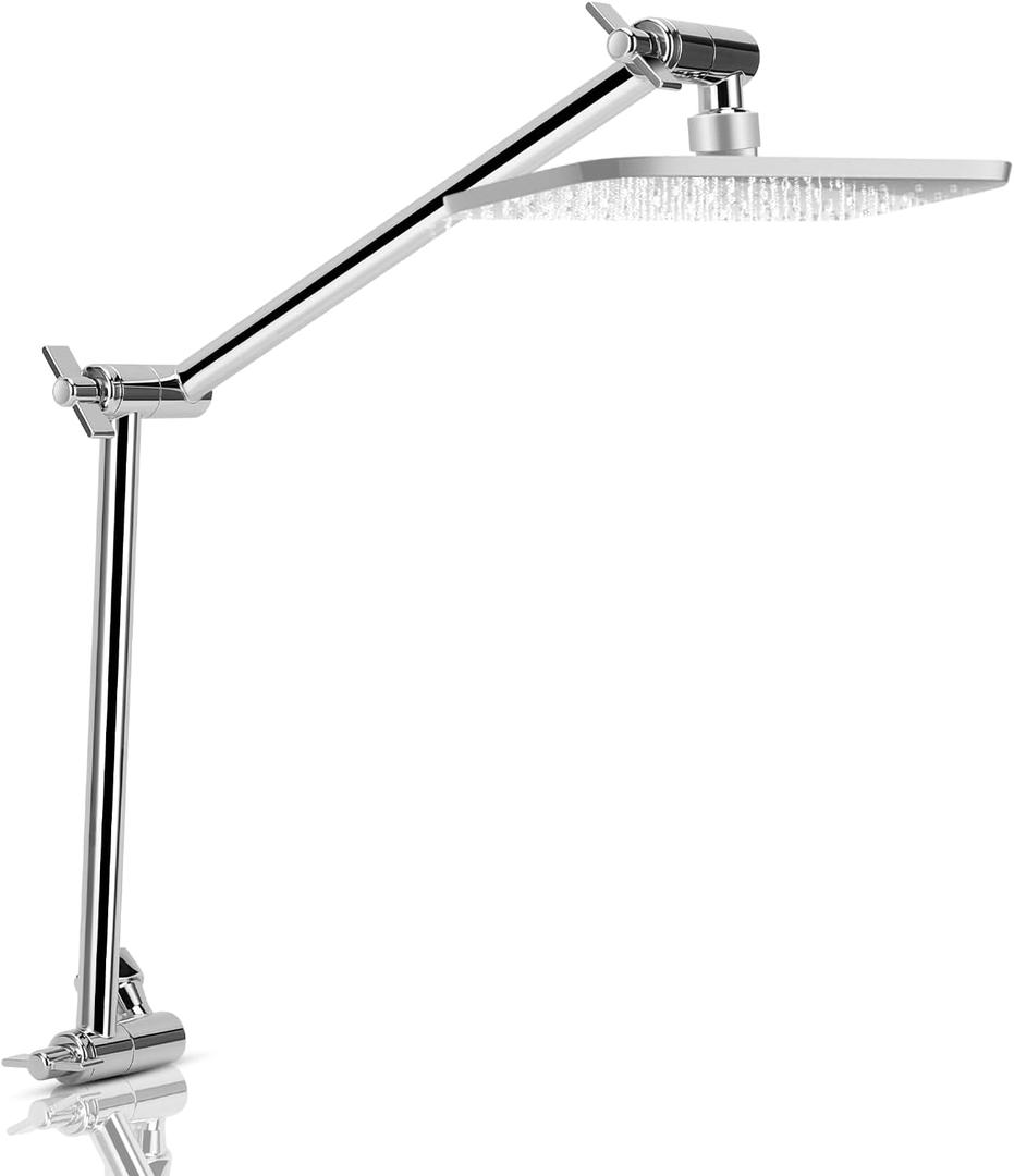 Shower Extension Arm, 18" Solid Brass Shower Shower Extender, Shower Extension Arm Shower Extender Adjustable Angle Height Adjustable for US Standard Rain Handheld Shower (Silver)