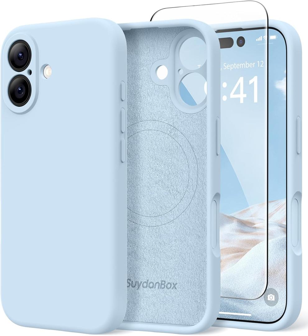 Magnetic for iPhone 16 Case, Compatible with MagSafe, [Screen Protector + Full Camera Protection], Silicone Shockproof Anti-Scratch Protective Phone Case for iPhone 16 6.1", Light Blue