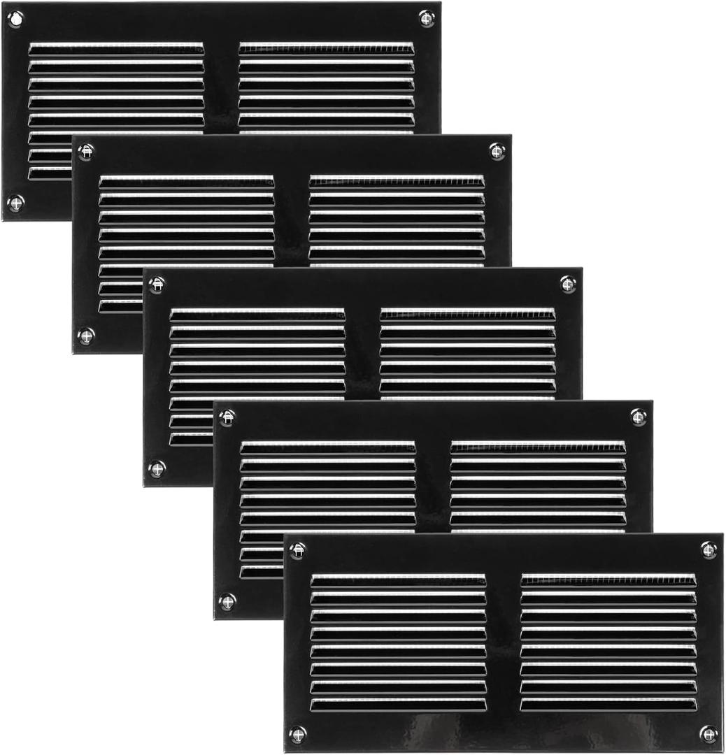 Vent Systems 8'' x 4'' Inch (Overall Dimensions) Pack of 5 Black Air Vent Duct Cover Metal Return Grill with Built in Pest Guard Screen HVAC Grille for Home Improvement 6x2 (Opening Dimensions)