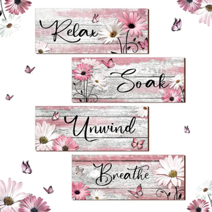 Sunnyray 4 Pcs Farmhouse Bathroom Wall Decor Sign Spring Daisy Tulip Flowers and Butterfly Bathroom Wall Art Relax Soak Unwind Breathe Rustic Wood Plaque Decor(10 x 4 Inch,Pink)