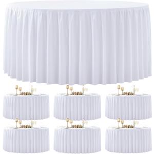6 Pack White Round Tablecloth 60 inch Stretch Spandex Fitted Table Cloth 5FT Round Banquet Tablecloths Wrinkle Free Table Cover Stitch Circle Tablecloth with Ruffle Skirt for Party Wedding Birthday