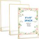 3 Pack Gold Acrylic Sign Holder 8X10 Double Sided Picture Frame Gold Borders Clear Display Stands for Table Numbers, Menus, Photos, Weddings, Parties, Restaurants