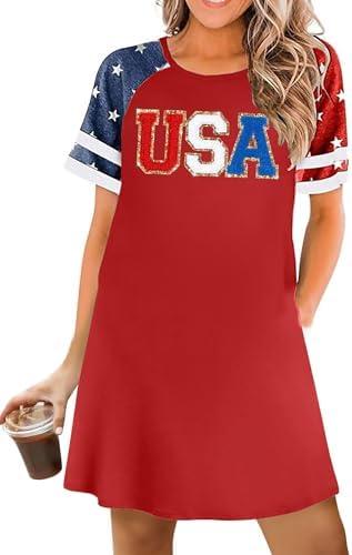 YI XIANG RAN 4th of July Dress Women: American Flag Dresses USA Stars Stripes Shirt Patriotic Tshirt Summer Sundress L